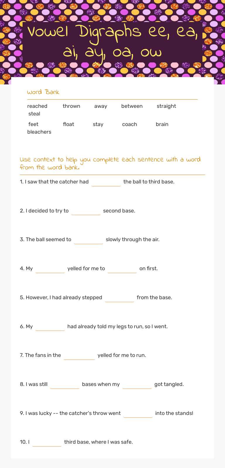 Vowel Digraphs
ee, ea, ai, ay, oa, ow Grade 3 worksheet preview
