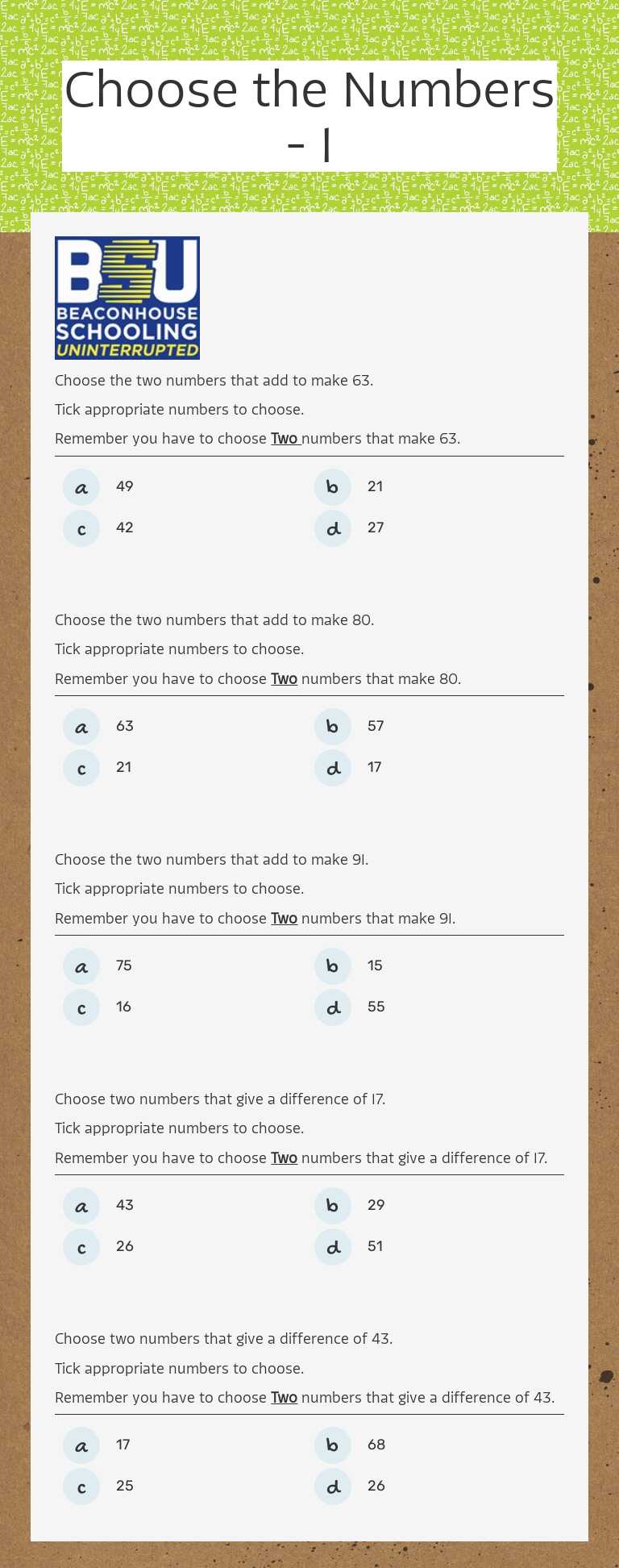 Choose the Numbers - 1 Grade 1 worksheet preview