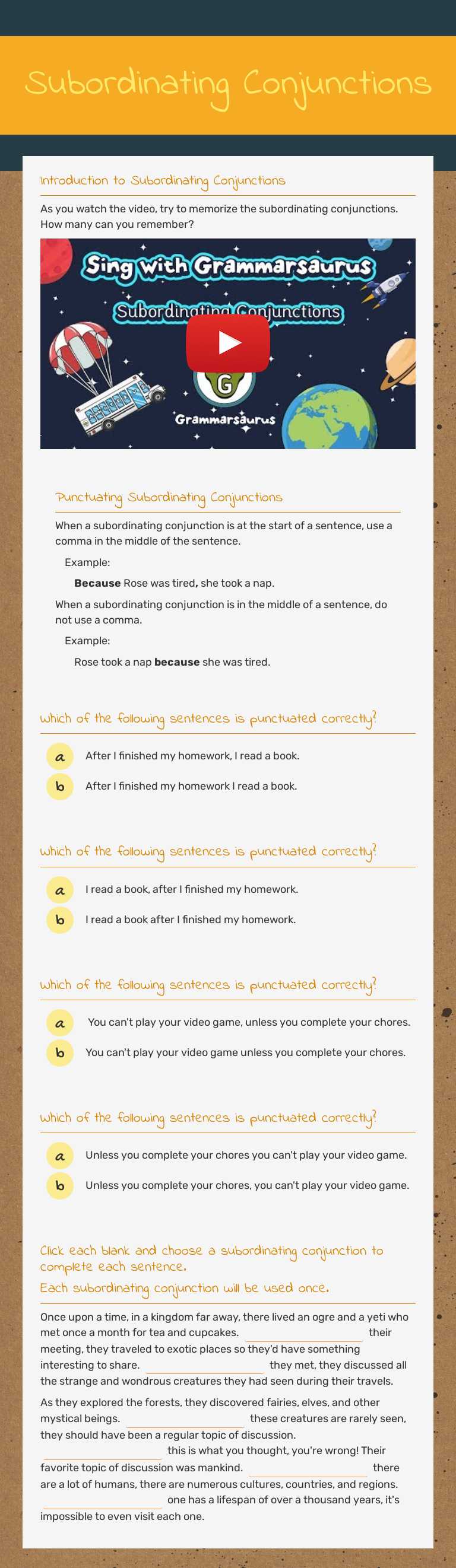 Subordinating Conjunctions worksheet preview image