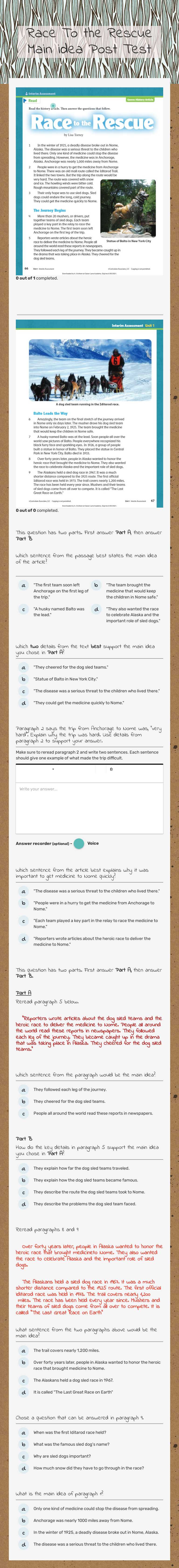 Race To the Rescue Main idea Post Test worksheet preview image