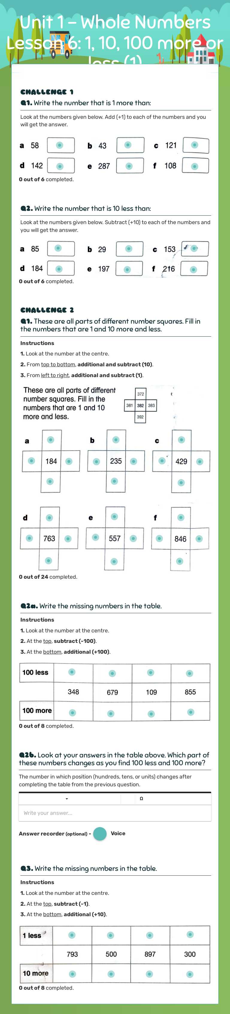 Unit 1 - Whole Numbers Lesson 6: 1, 10, 100 more or less (1) worksheet preview image