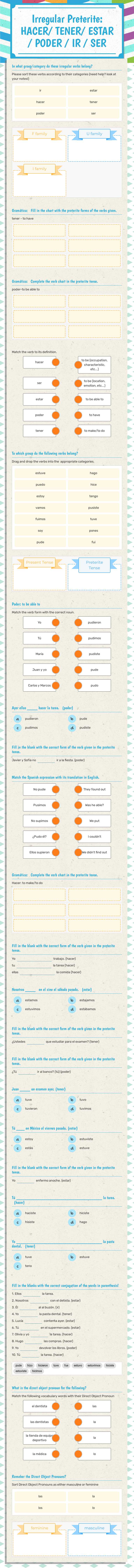 Irregular Preterite: HACER/ TENER/ ESTAR / PODER / IR / SER worksheet preview image