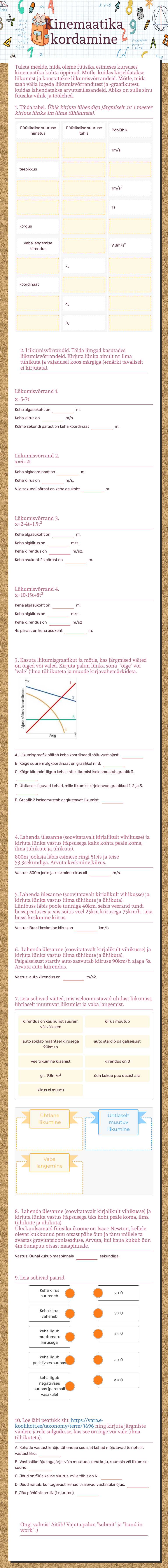 Kinemaatika kordamine Grade 8 worksheet preview