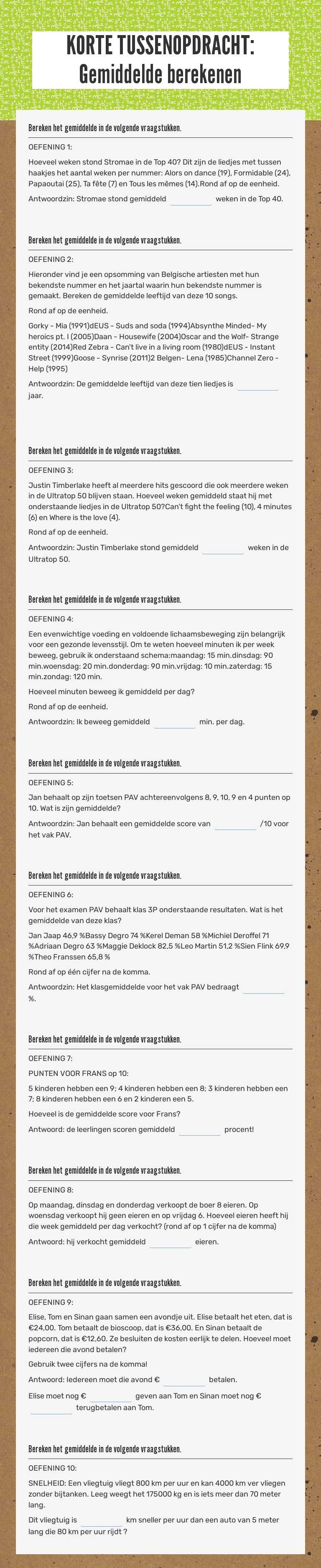 KORTE TUSSENOPDRACHT: Gemiddelde berekenen worksheet preview image