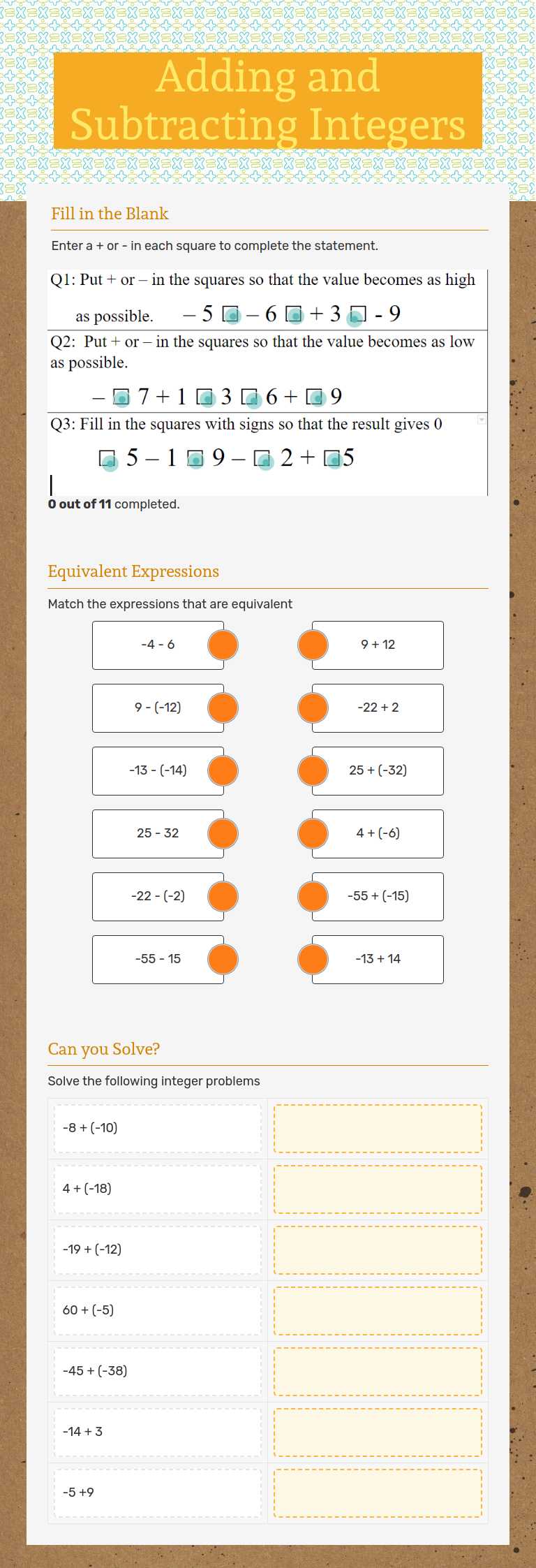 Adding and Subtracting Integers worksheet preview image