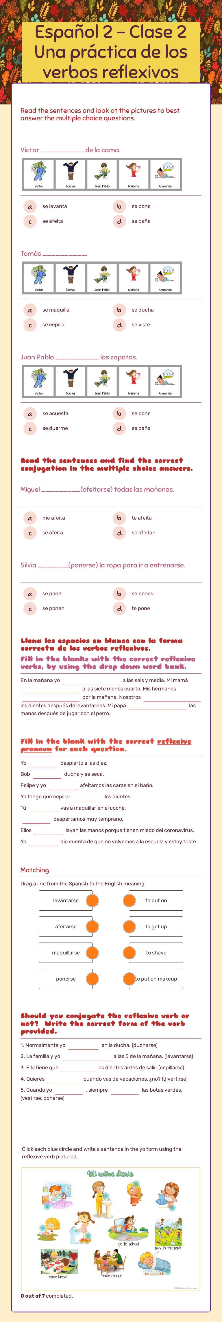 Español 2 - Clase 2          Una práctica de los verbos reflexivos worksheet preview image