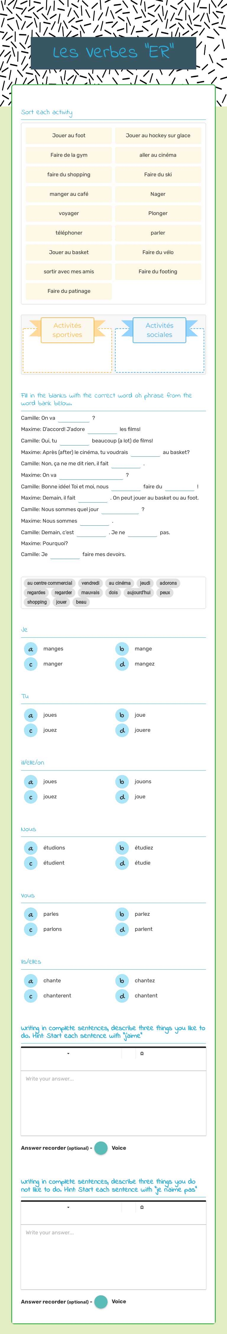 Les Verbes "ER" worksheet preview image