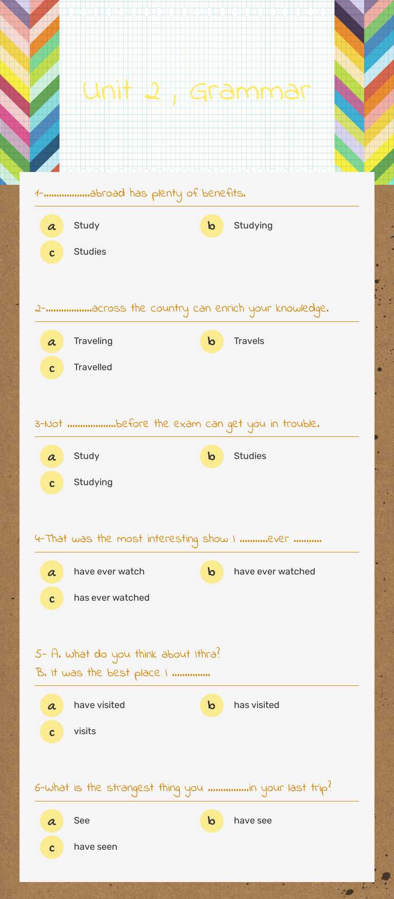 Unit 2 , Grammar worksheet preview image