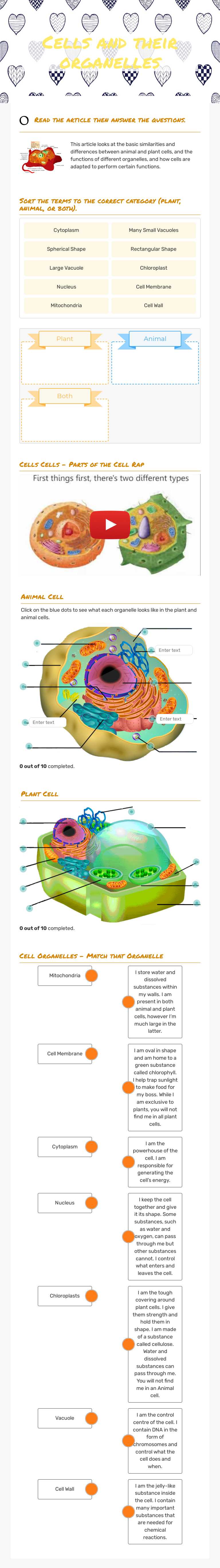 Cells and their organelles worksheet preview image