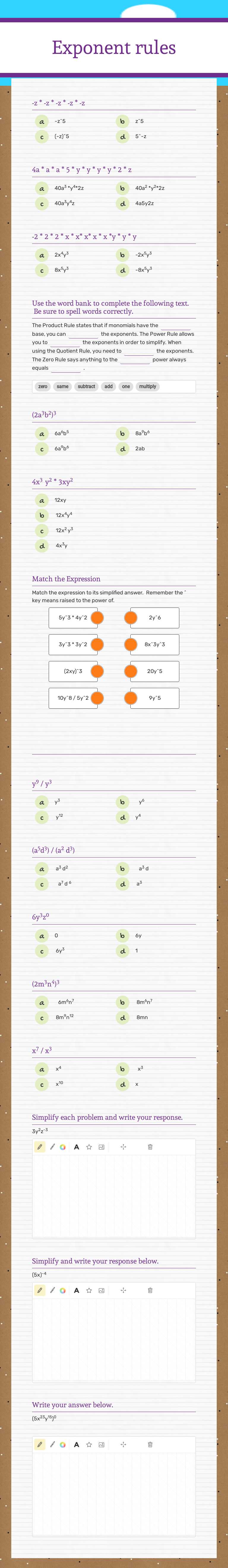 Exponent rules Grade 7 worksheet preview