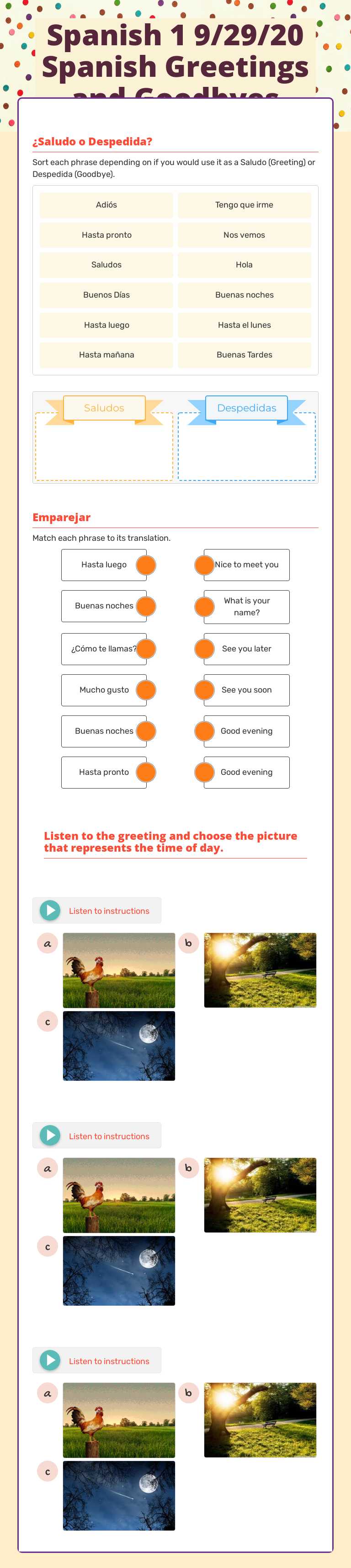 Spanish 1 9/29/20 Spanish Greetings and Goodbyes worksheet preview image