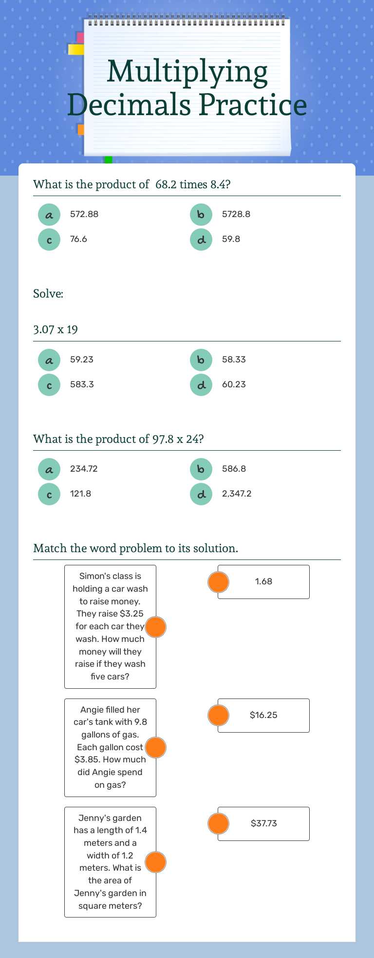 Multiplying Decimals Practice worksheet preview image