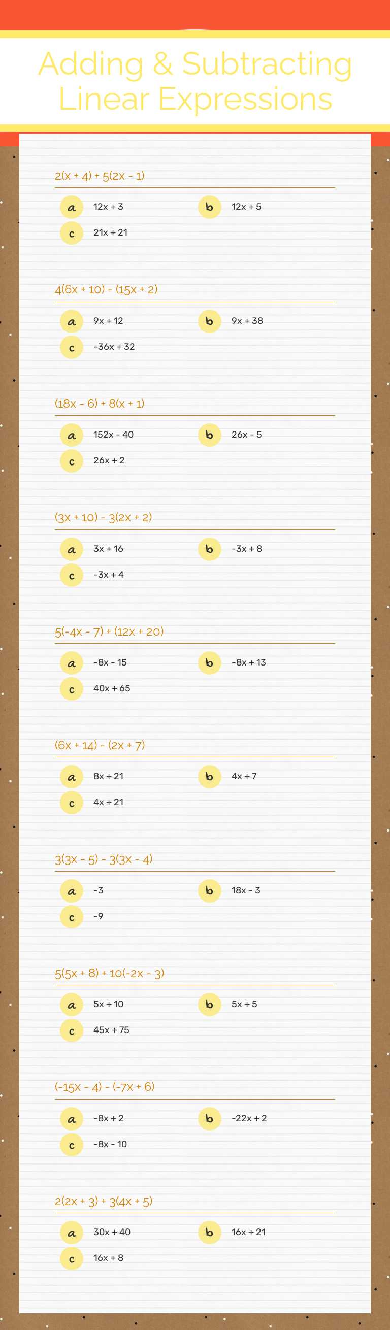 Adding & Subtracting Linear Expressions worksheet preview image