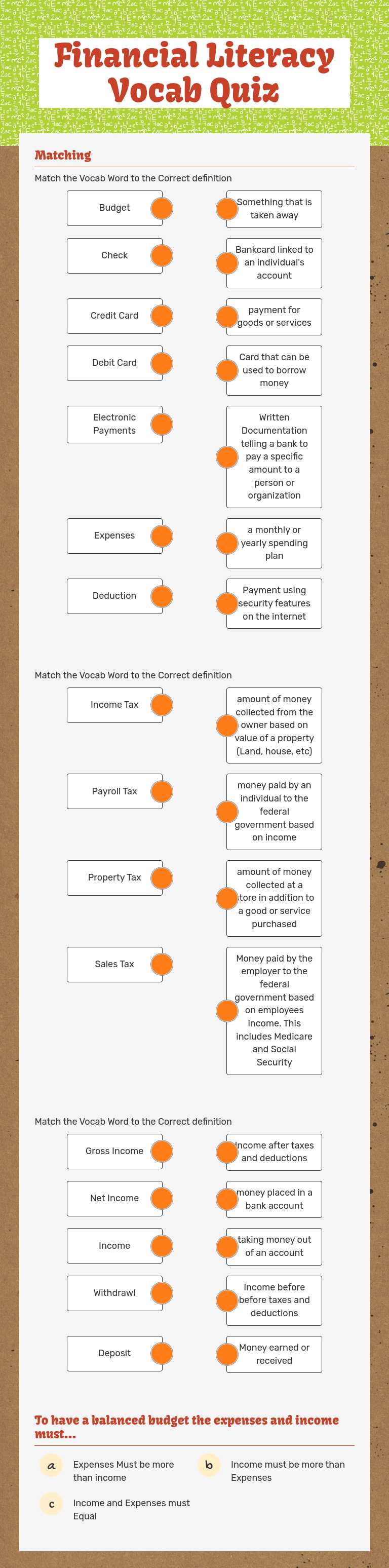 Financial Literacy Vocab Quiz worksheet preview image