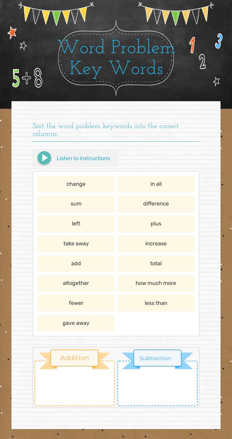 Word Problem Key Words worksheet preview image