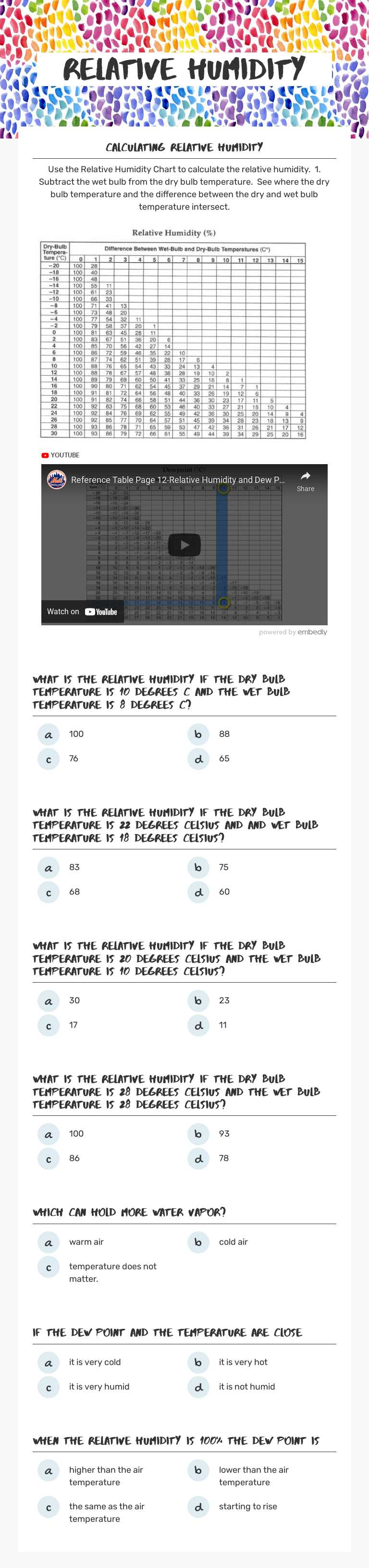 Relative Humidity worksheet preview image