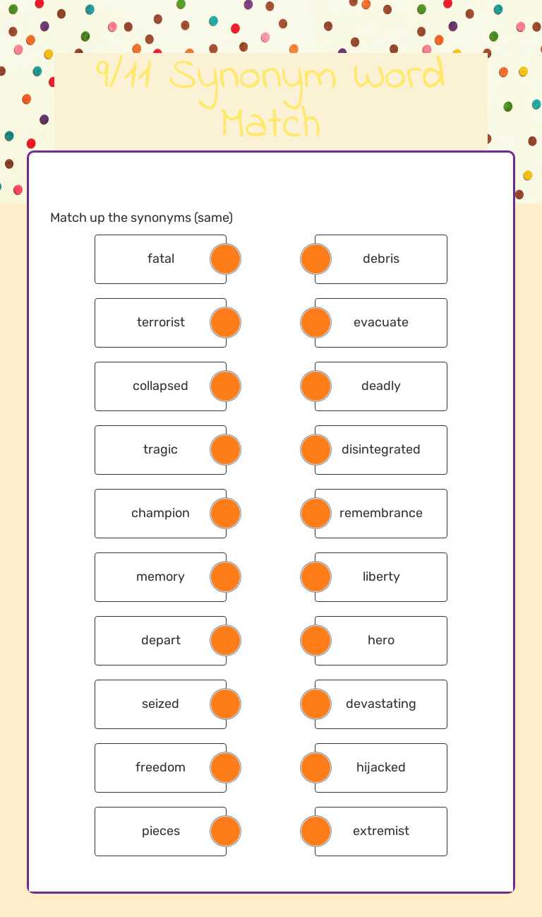9/11 Synonym Word Match Grade 7 worksheet preview