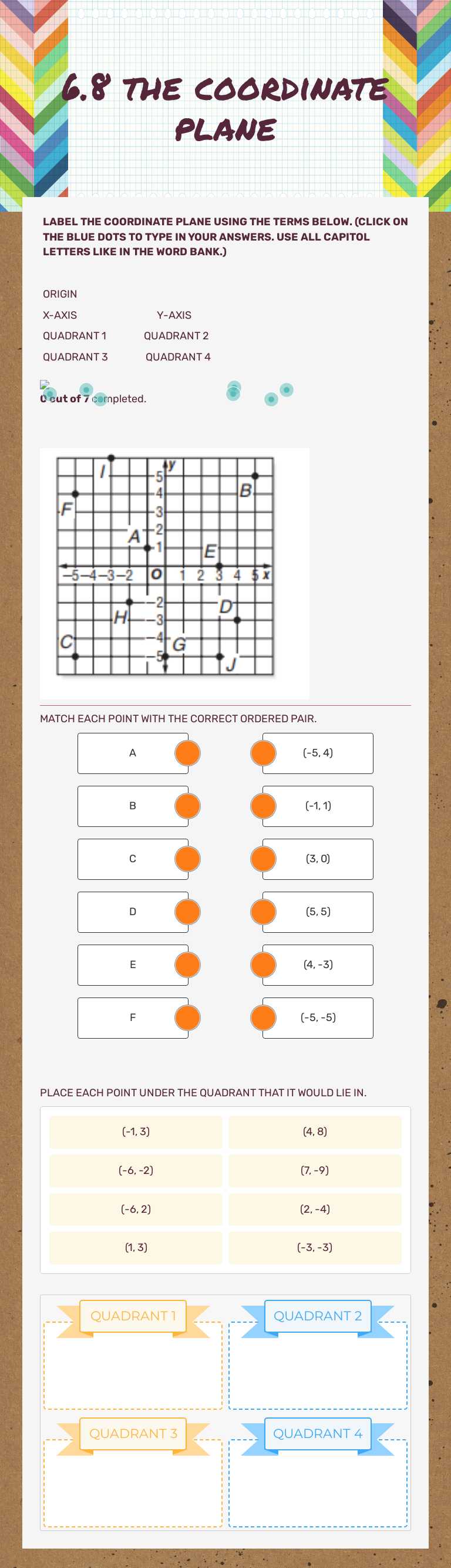 6.8 the coordinate plane Grade 6 worksheet preview