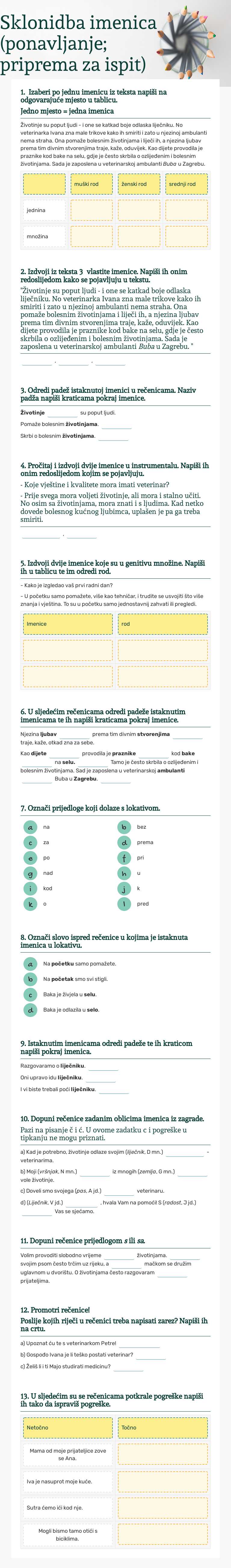 Sklonidba imenica (ponavljanje; priprema za ispit) worksheet preview image