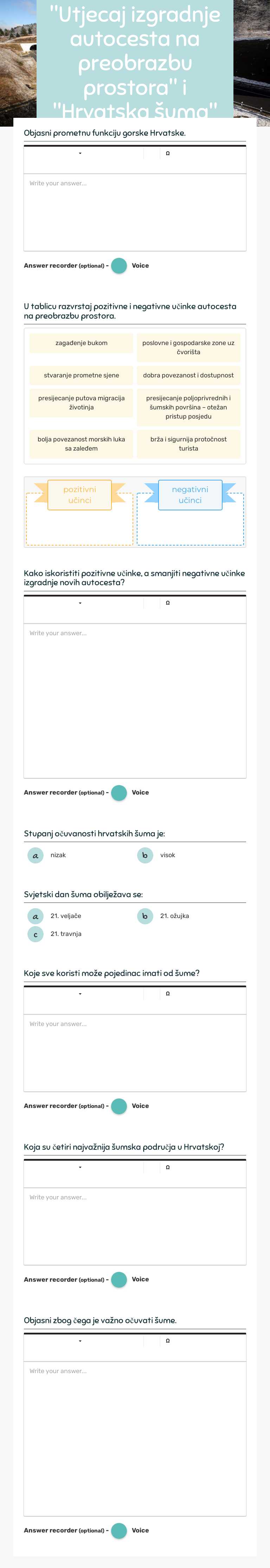 "Utjecaj izgradnje autocesta na preobrazbu prostora" i "Hrvatska šuma" worksheet preview image