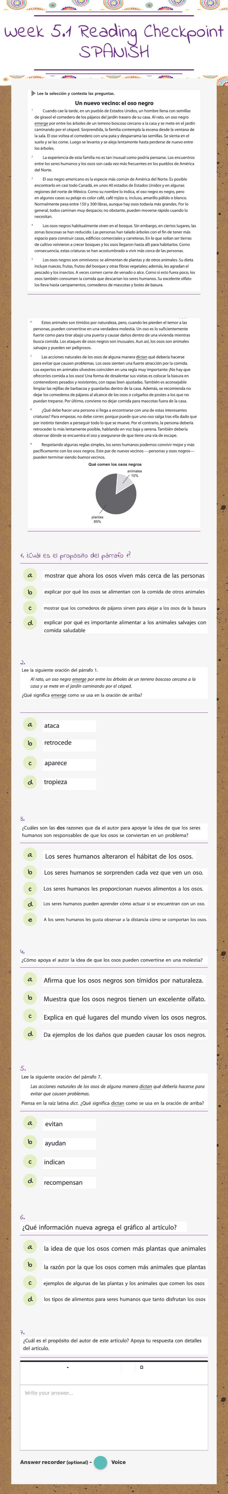Week 5.1 Reading Checkpoint SPANISH worksheet preview image