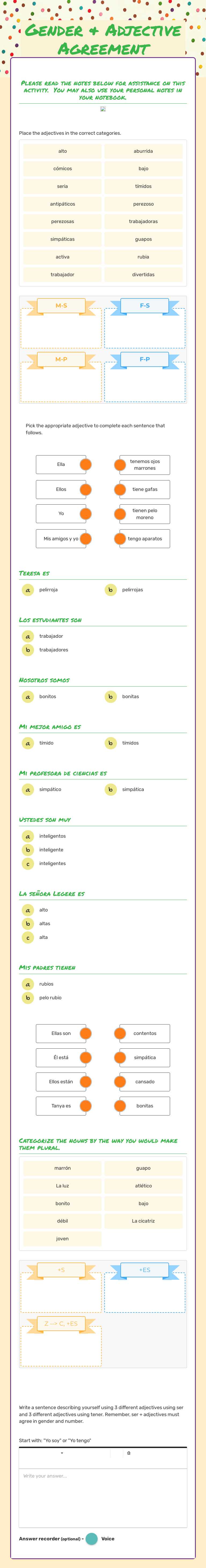 Gender & Adjective Agreement worksheet preview image