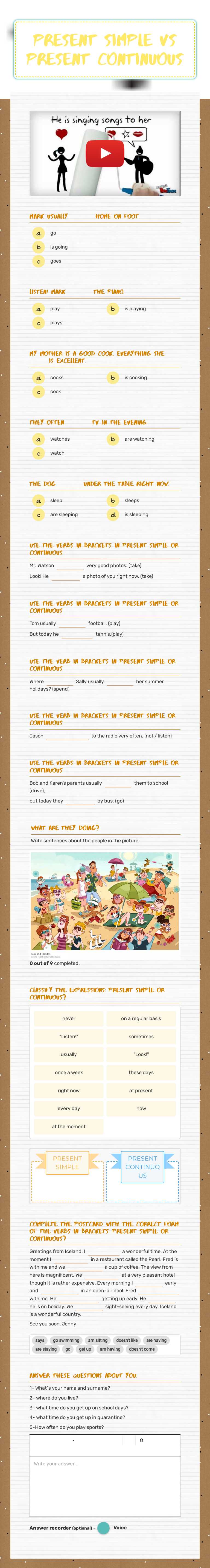 PRESENT simple vs 
present continuous worksheet preview image