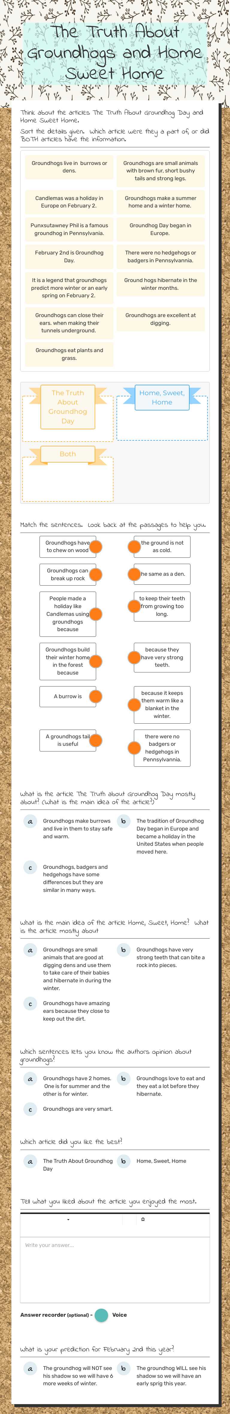 The Truth About Groundhogs and HOme Sweet Home worksheet preview image