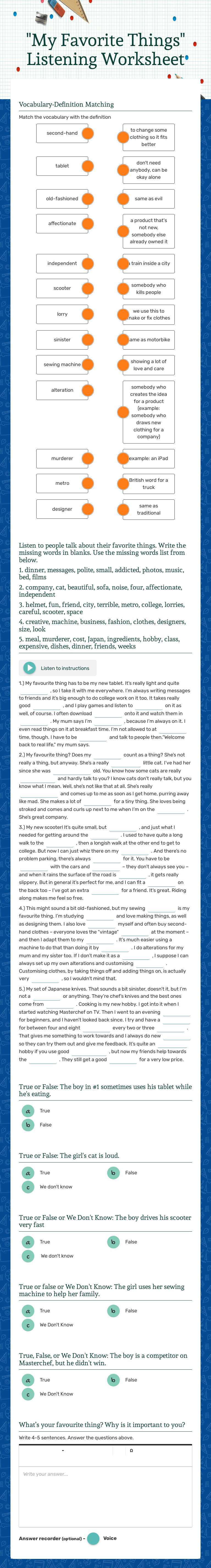 "My Favorite Things" Listening Worksheet worksheet preview image