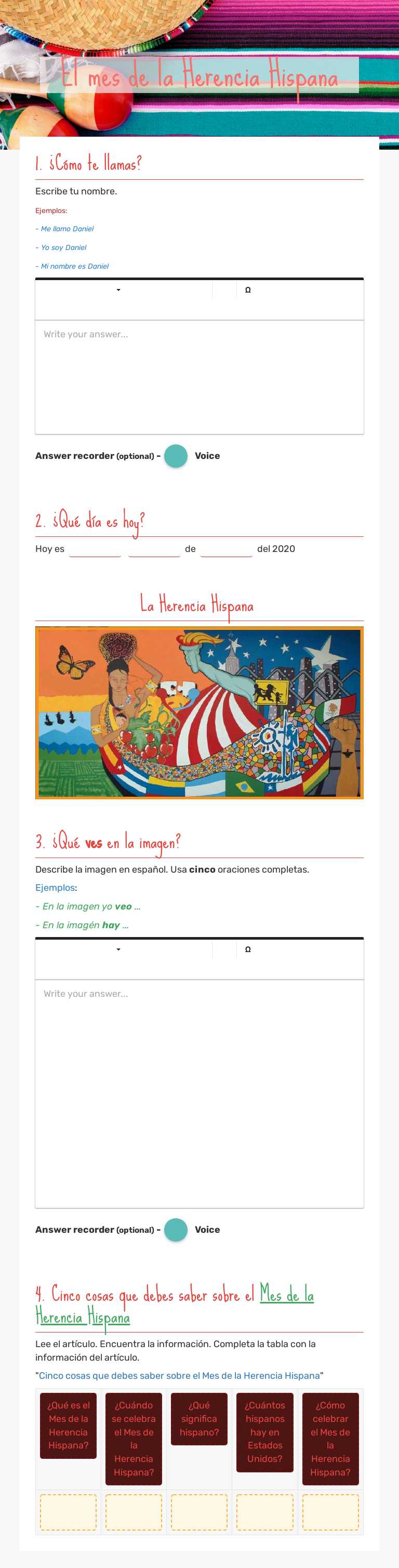 El mes de la Herencia Hispana worksheet preview image