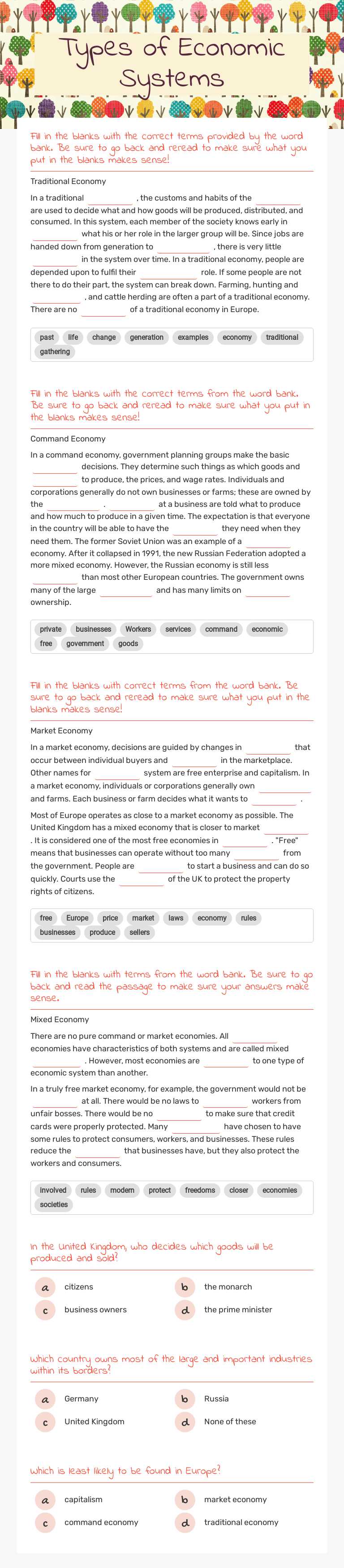 Types of Economic Systems worksheet preview image