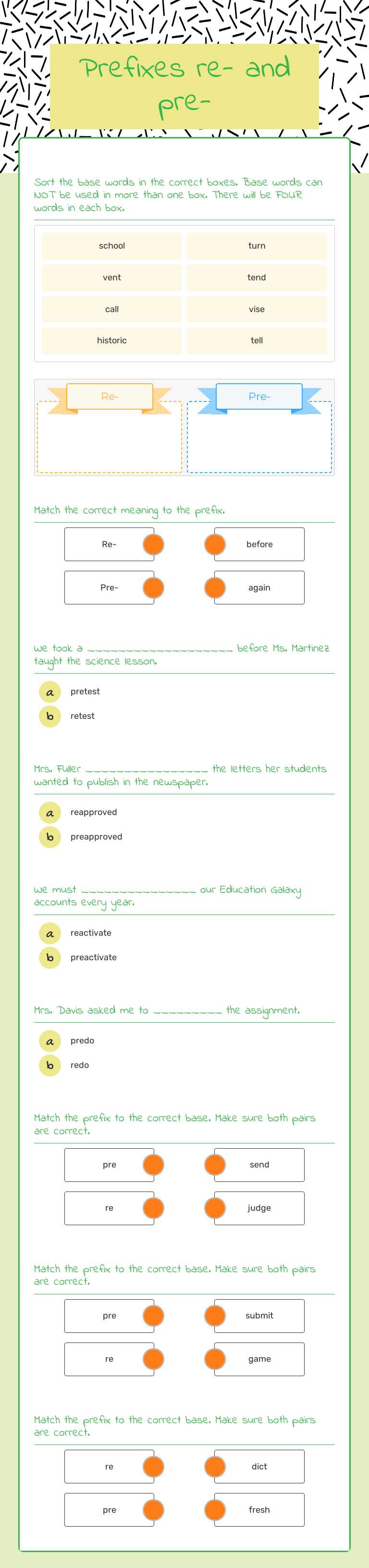 Prefixes          re- and pre- worksheet preview image