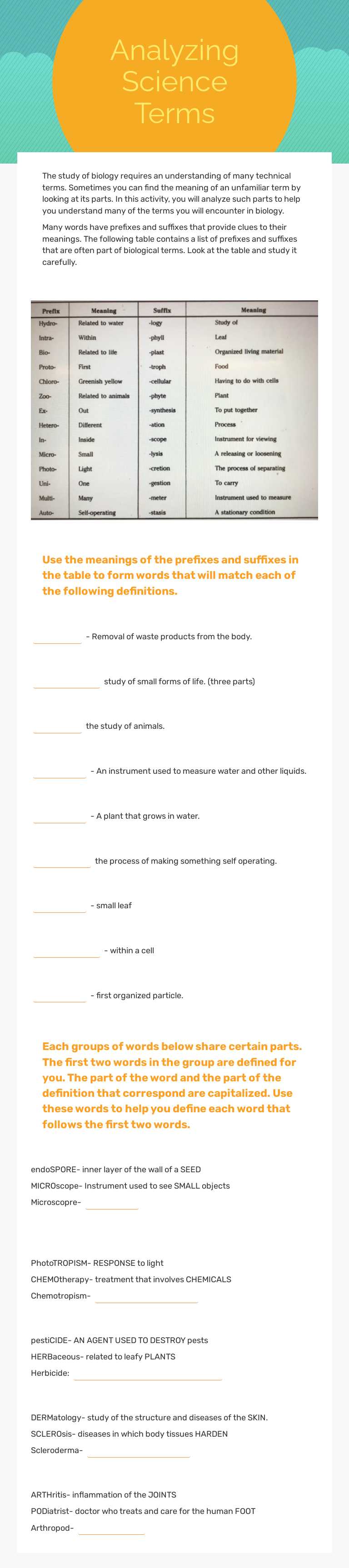Analyzing Science Terms Grade 9 worksheet preview