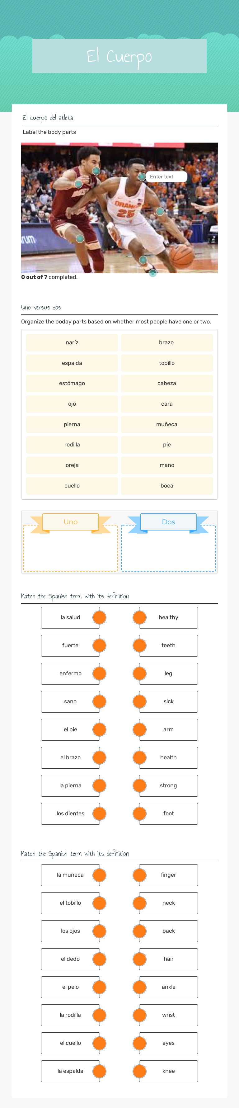El Cuerpo Grade 8 worksheet preview