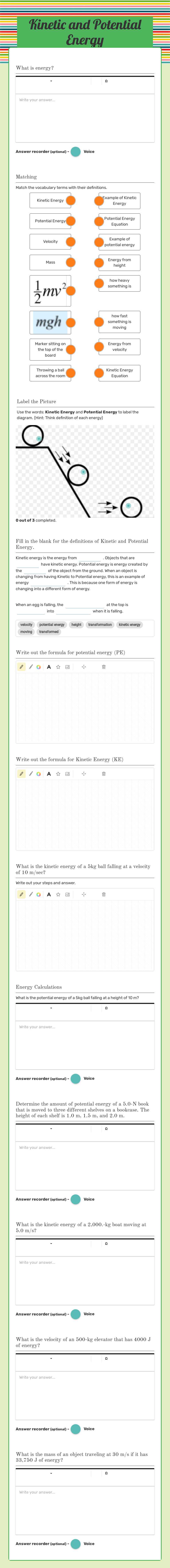Kinetic and Potential Energy worksheet preview image
