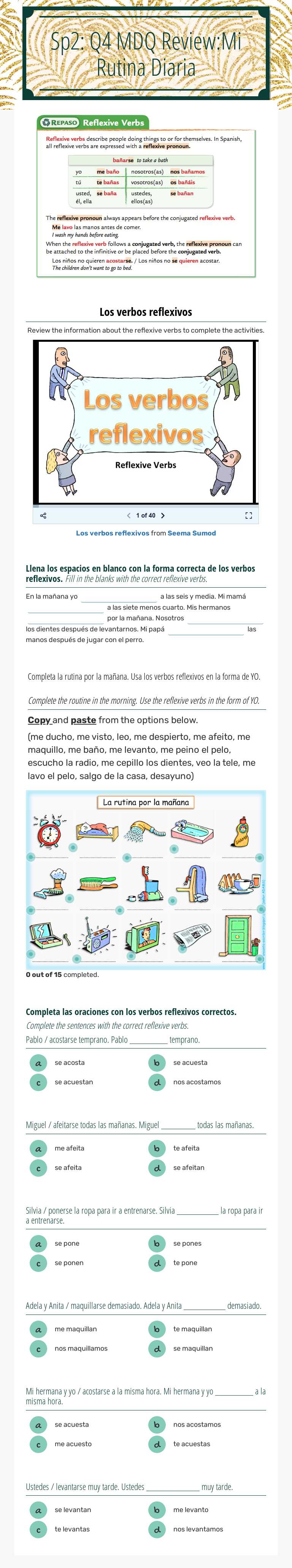 Sp2: Q4 MDQ Review:Mi Rutina Diaria worksheet preview image