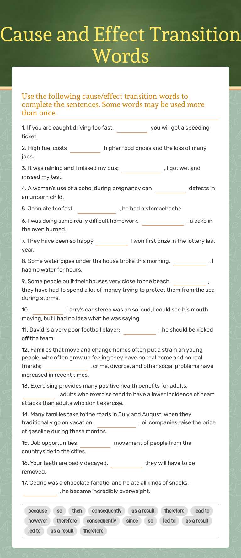 Cause and Effect Transition Words worksheet preview image