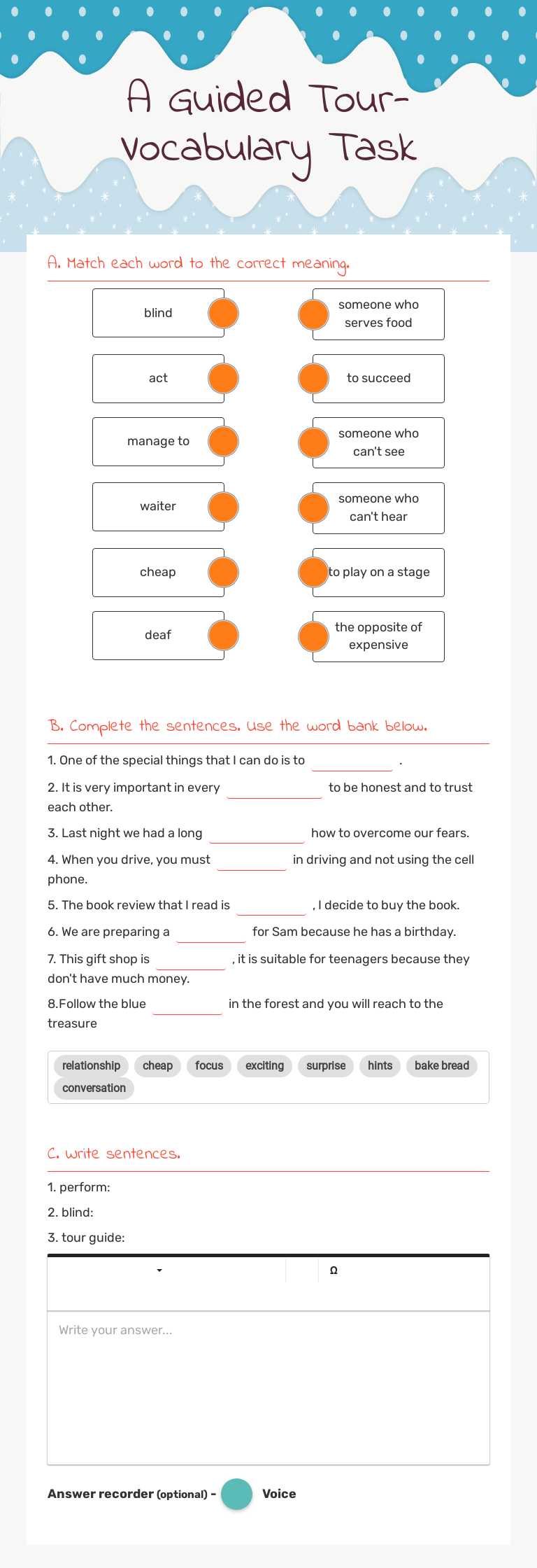 A Guided Tour- Vocabulary Task worksheet preview image