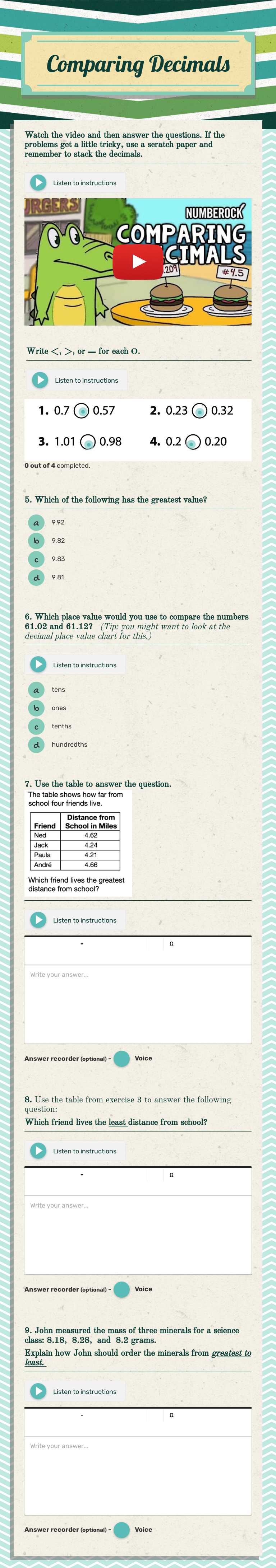 Comparing Decimals Grade 5 worksheet preview