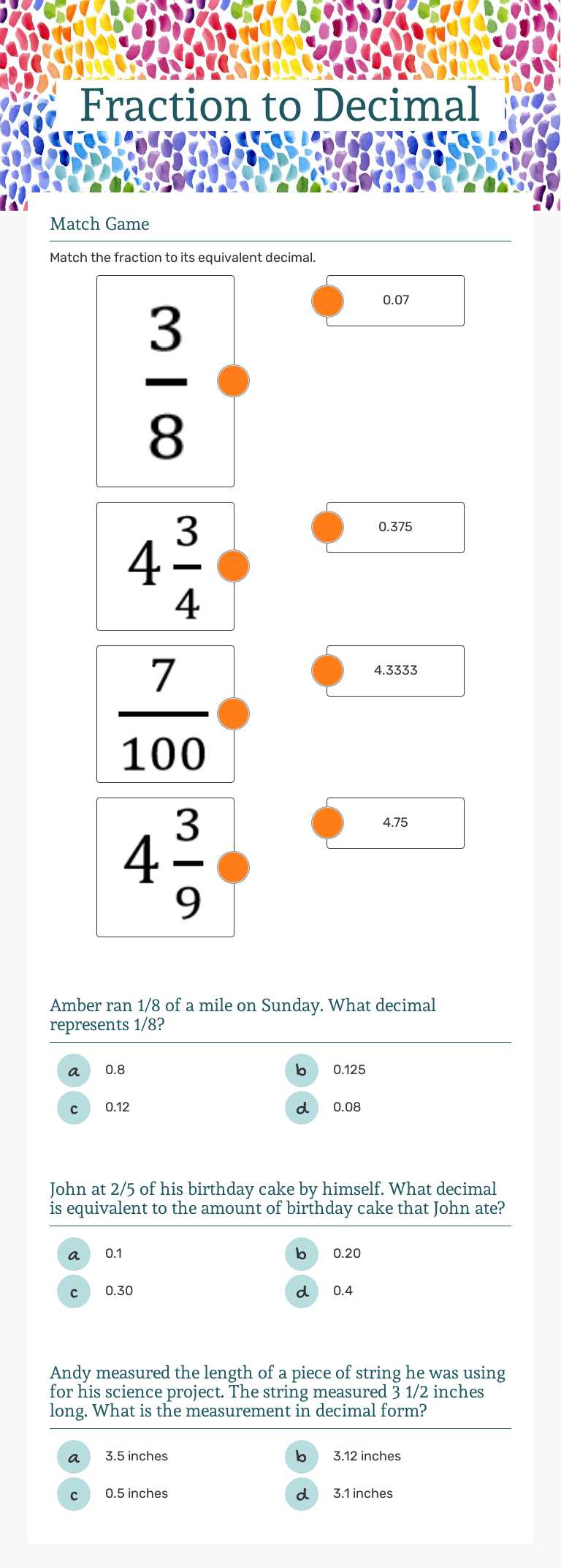 Fraction to Decimal worksheet preview