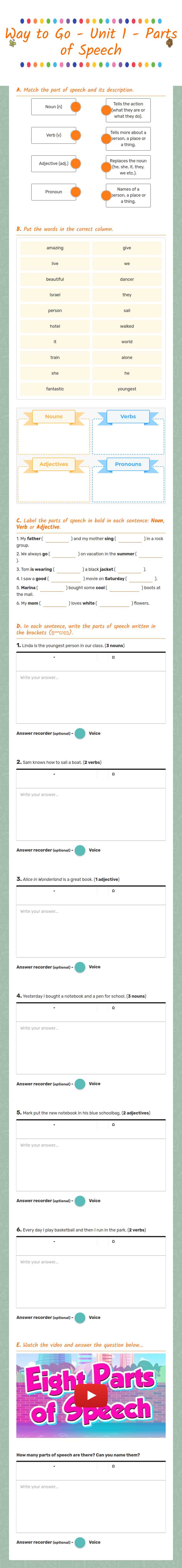 Way to Go - Unit 1 -                  Parts of Speech worksheet preview image