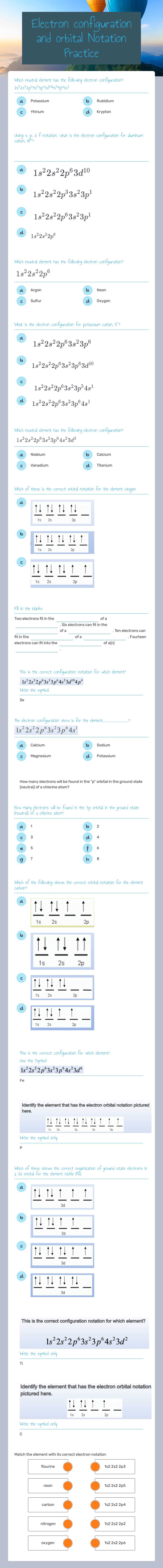 Electron configuration and orbital Notation Practice worksheet preview image