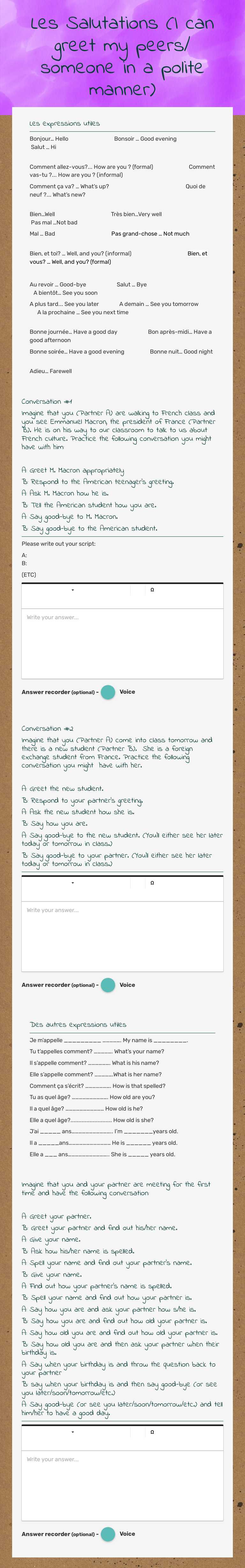 Les Salutations (I can greet my peers/ someone in a polite manner) worksheet preview image