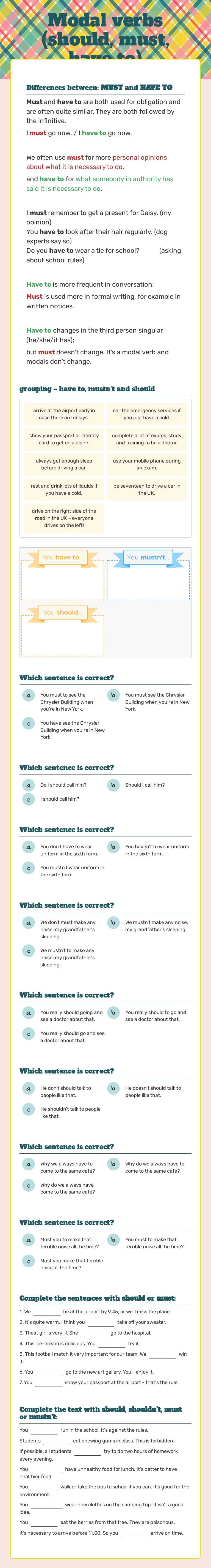 Modal verbs (should, must, have to) worksheet preview image
