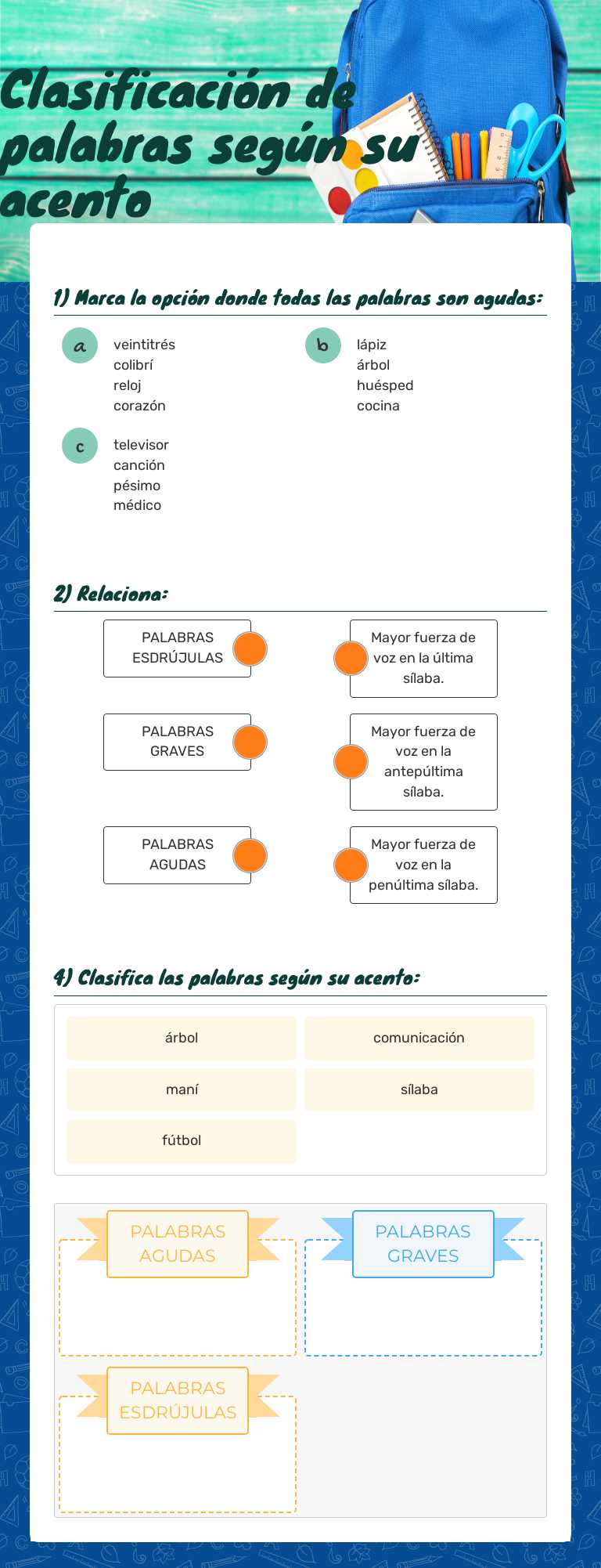 Clasificación de palabras según su acento worksheet preview image