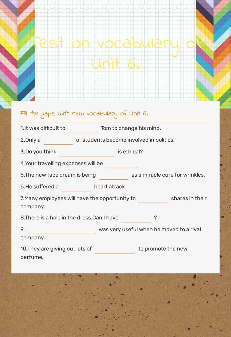 Test on vocabulary of Unit 6. worksheet preview