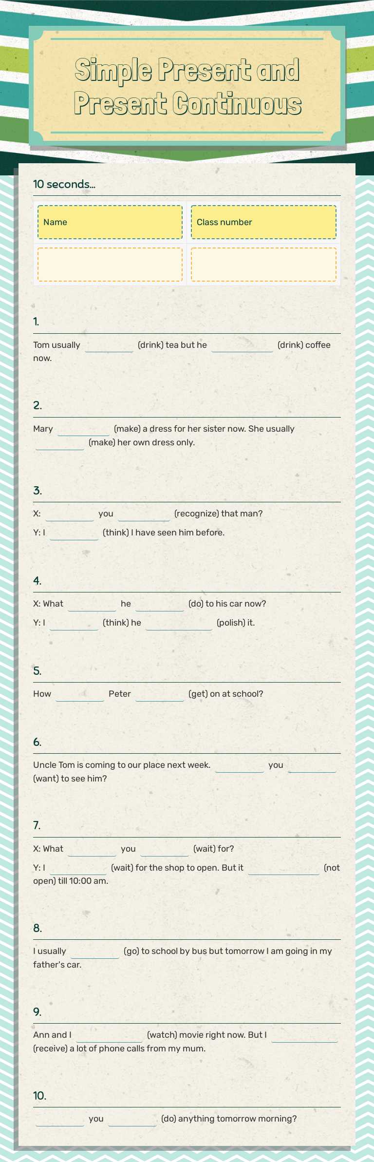 Simple Present and Present Continuous worksheet preview image