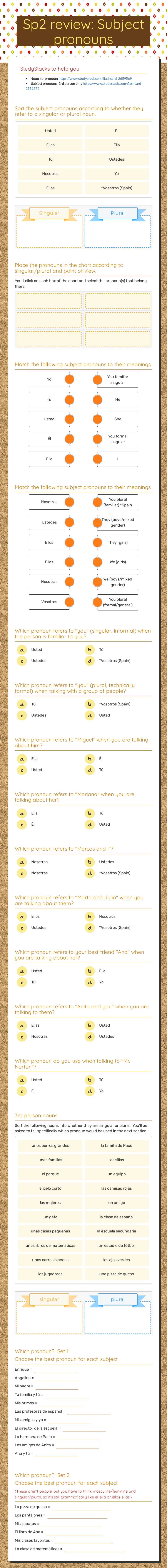 Sp2 review:  Subject pronouns Grade 10 worksheet preview