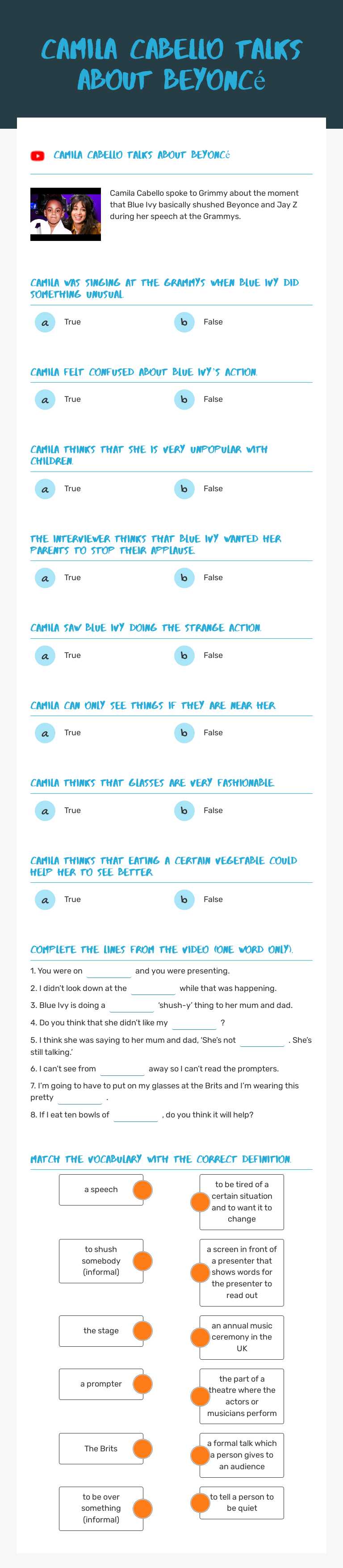 Camila Cabello talks about Beyoncé worksheet preview image