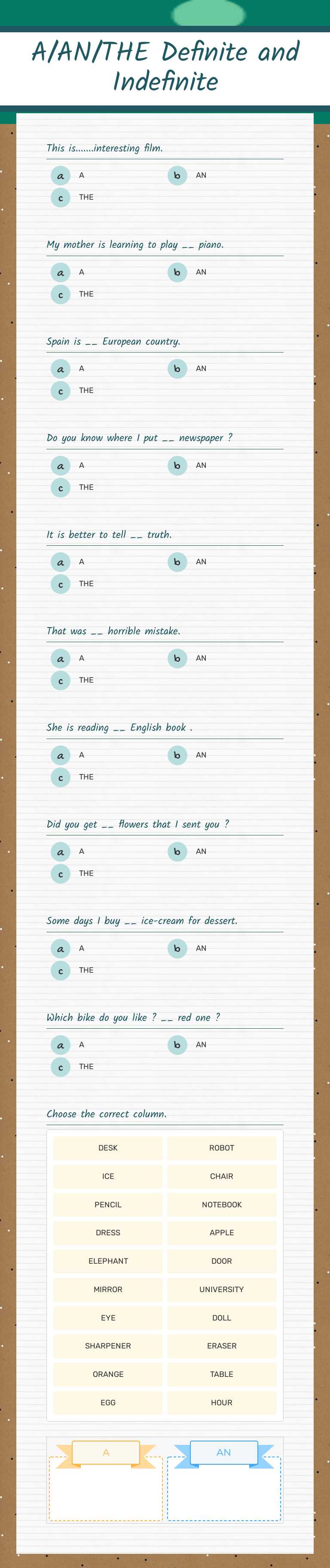 A/AN/THE 
Definite and Indefinite worksheet preview image